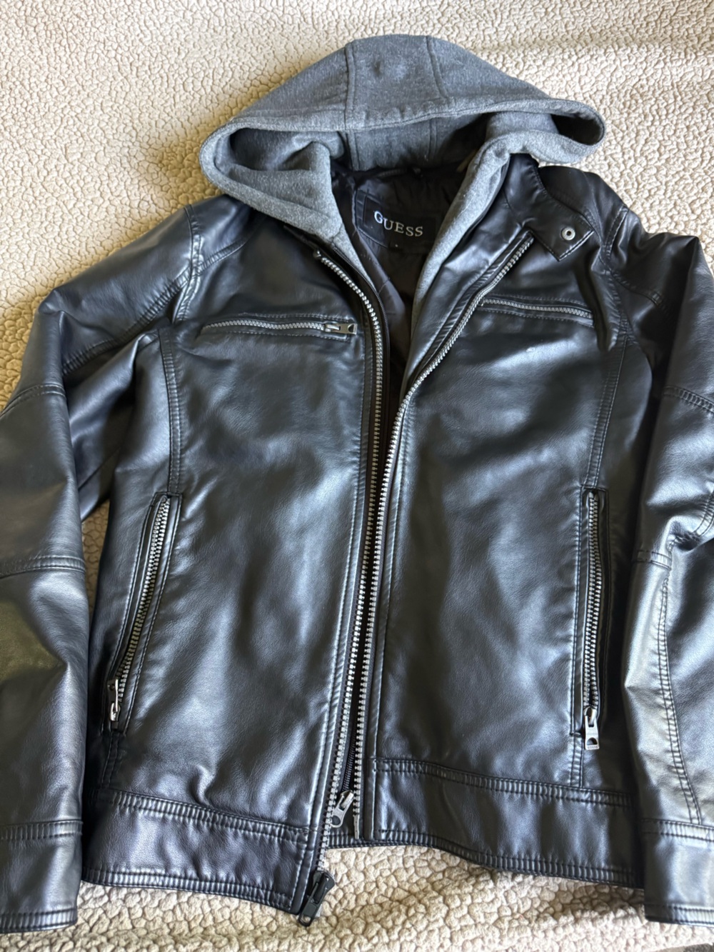 GUESS Black Leather Bomber Jacket with Silver Zippers